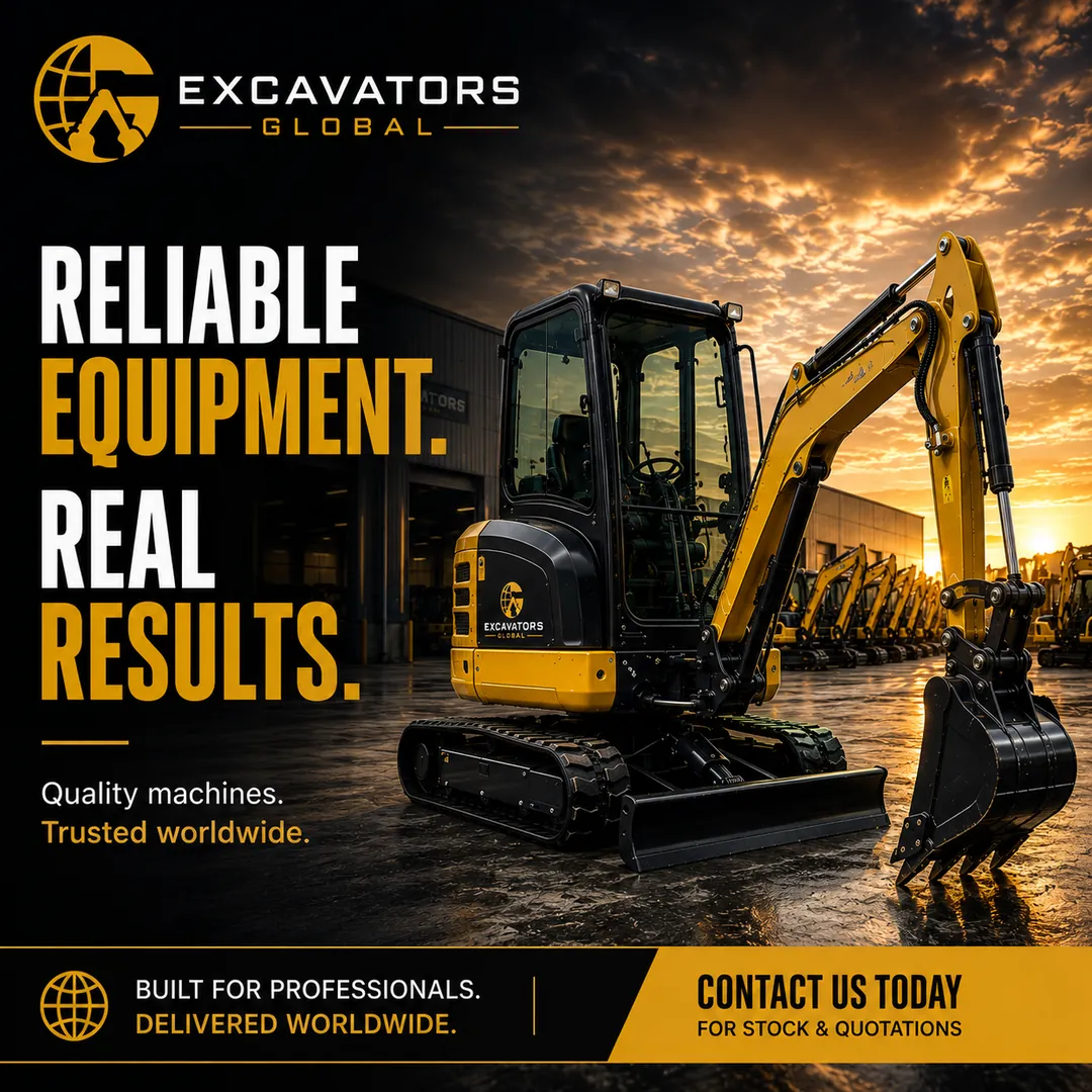 ExcavatorsGlobal campaign artwork showing a yellow mini excavator and the message Reliable Equipment. Real Results.
